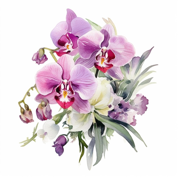 A painting of a bouquet of flowers with purple and pink flowers.