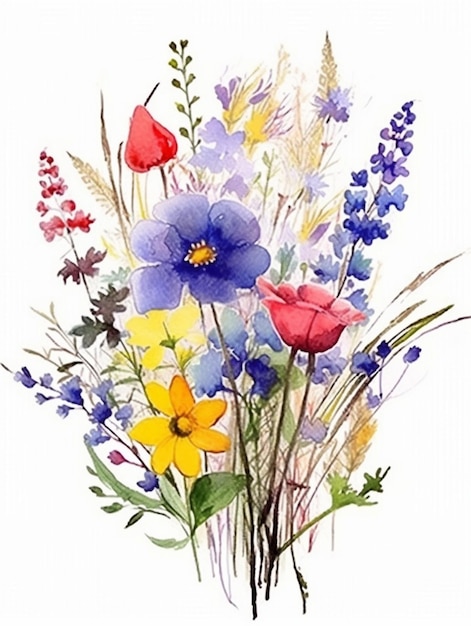 Foto un dipinto di un mazzo di fiori con uno sfondo bianco ai generativa