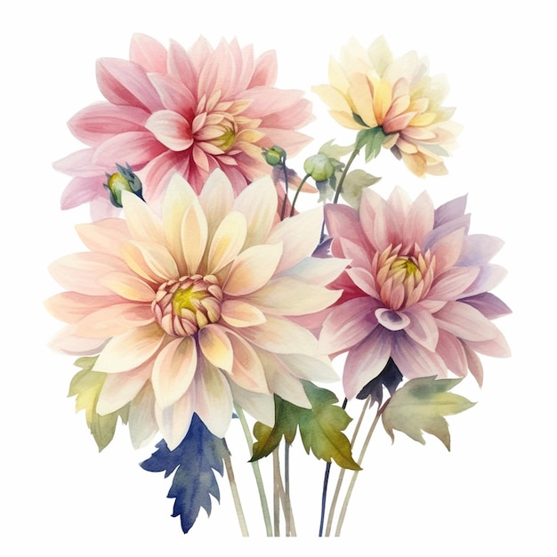 A painting of a bouquet of flowers with the word dahlia on the bottom.