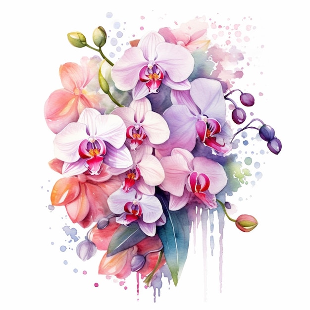 A painting of a bouquet of orchids.