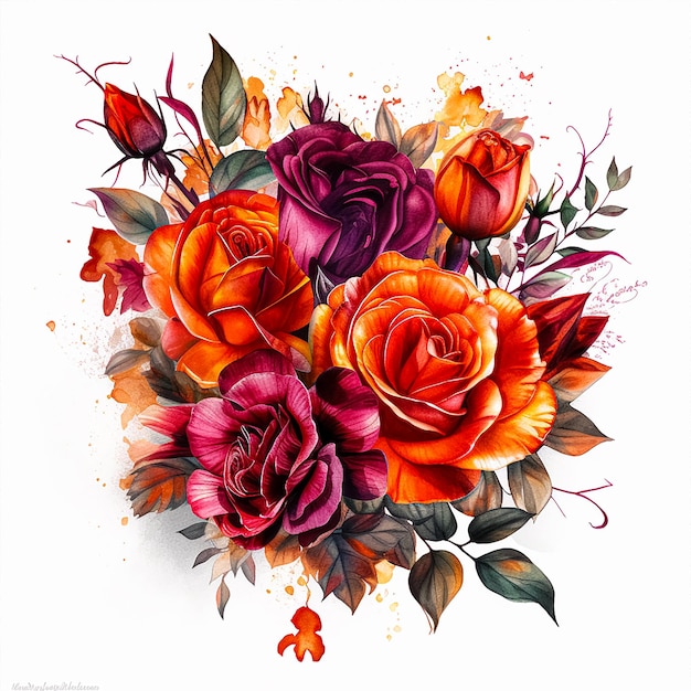 A painting of a bouquet of roses with leaves and flowers.