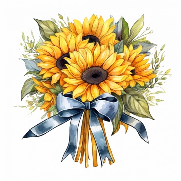 a painting of a bouquet of sunflowers with a blue ribbon generative ai