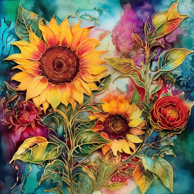 Painting of a bouquet of sunflowers with a butterfly on a blue background generative ai