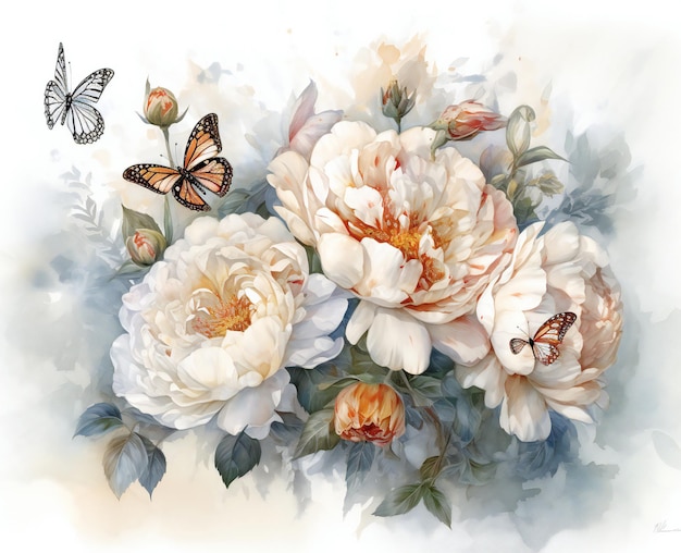 A painting of a bouquet of white peonies with a butterfly on it.