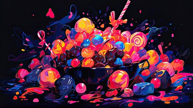 a painting of a bowl of candy and a candle