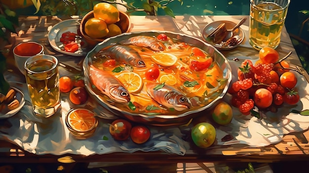 A painting of a bowl of fish with tomatoes and lemons