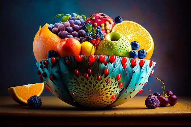 Photo painting of bowl of fruit on table generative ai