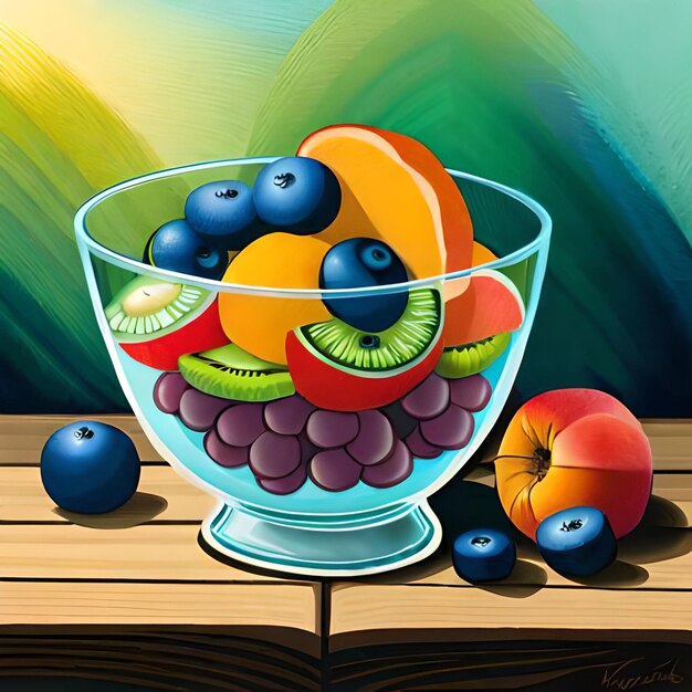 A painting of a bowl of fruit with a blue peach and a peach.