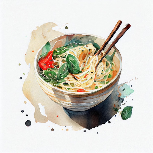 A painting of a bowl of noodles with a red sauce and a green leaf on the side.