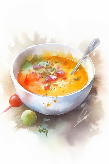 A painting of a bowl of soup with a spoon in it