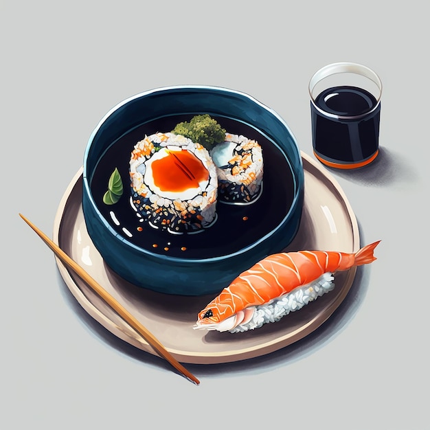 A painting of a bowl of sushi and a glass of beer.