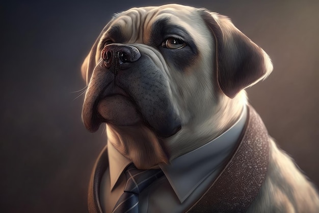 A painting of a boxer dog wearing a shirt and tie