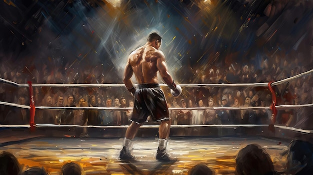 A painting of a boxer in a ring with a crowd in the background.