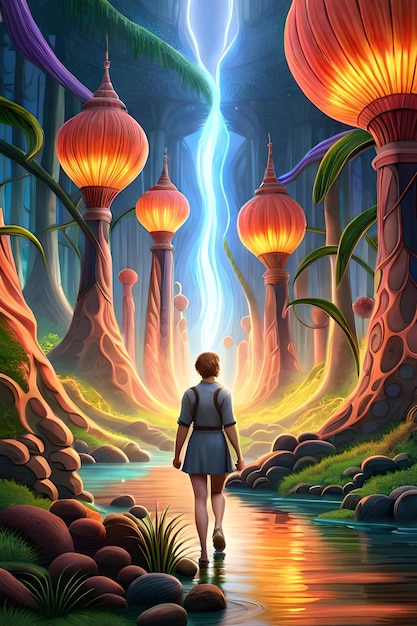 A painting of a boy in a blue dress standing in a forest with a giant light in the middle