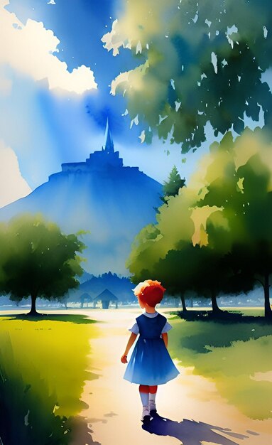 A painting of a boy in a blue dress walking towards a mountain.