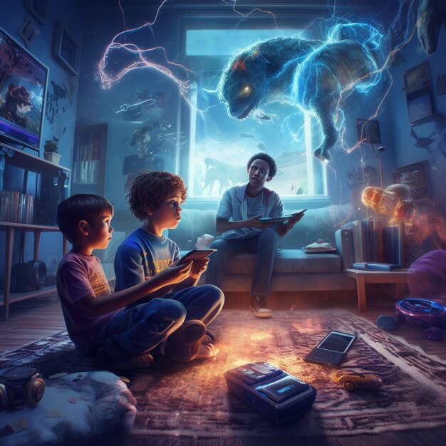 A painting of a boy and a boy sitting in front of a tv with a giant monster on the wall.