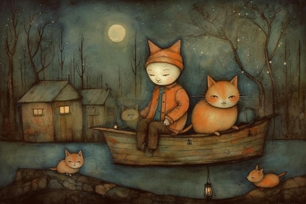 A painting of a boy and a cat on a boat.