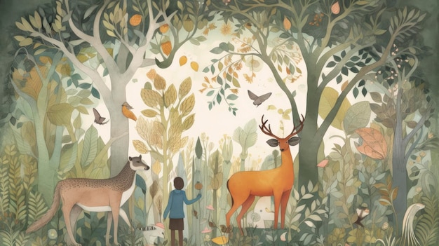 A painting of a boy and a deer in the forest.