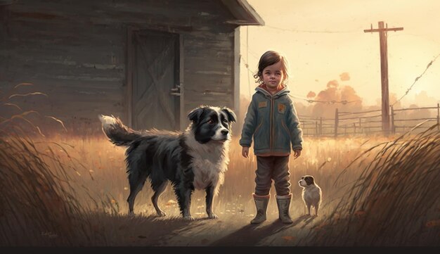 A painting of a boy and a dog