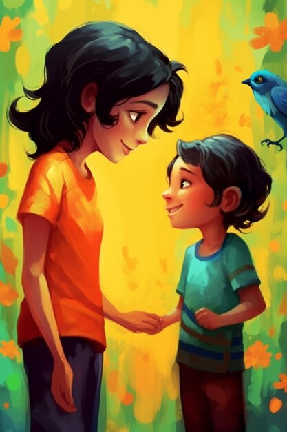 A painting of a boy and a girl are standing in front of a bird generative ai