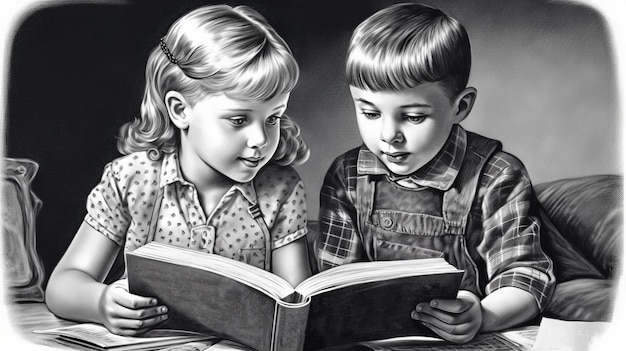 Painting of a boy and a girl reading a book retro style Generated AI