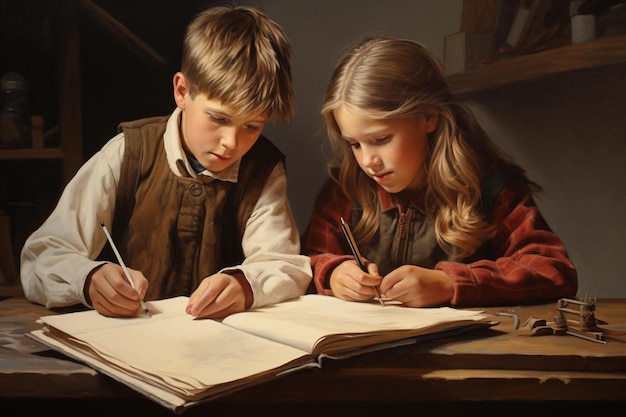 a painting of a boy and girl writing in a book