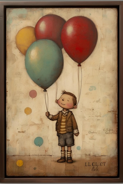 A painting of a boy holding balloons with the words " happy birthday " on the bottom.