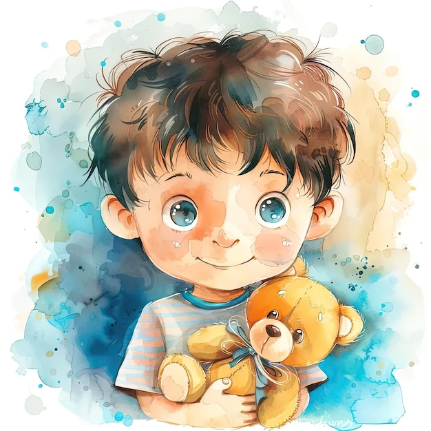 A painting of a boy holding a teddy bear