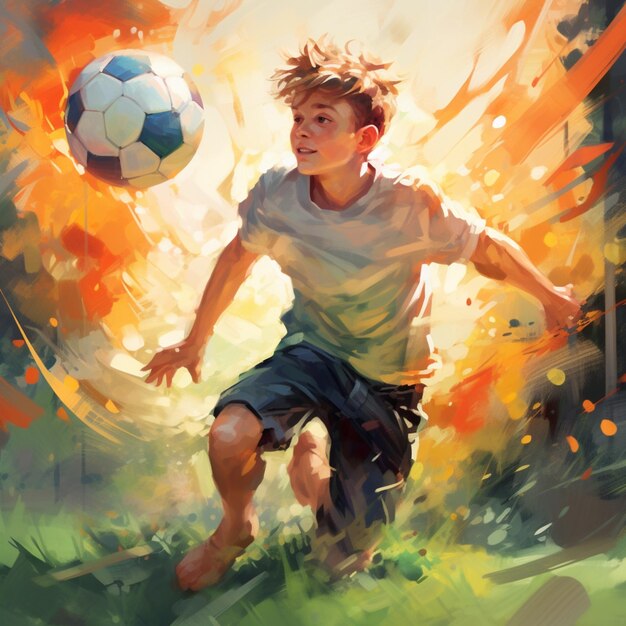 Painting of a boy kicking a soccer ball in a field generative ai