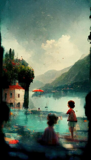 Photo a painting of a boy in a lake with a red umbrella