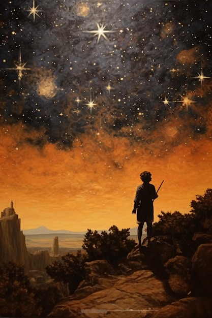 A painting of a boy looking at the stars