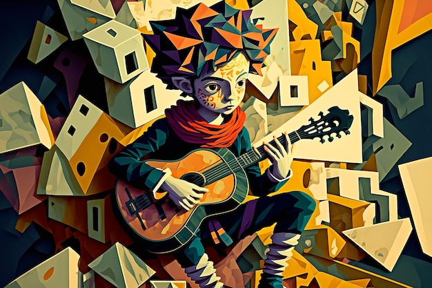 A painting of a boy playing a guitar in front of houses.