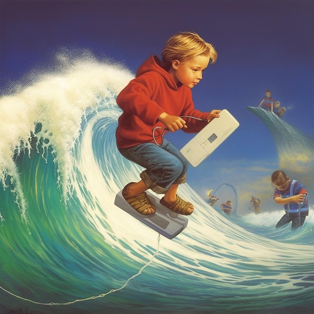 a painting of a boy riding a wave with a surfboard.