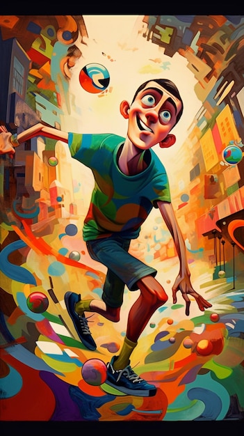 A painting of a boy running in a street with the words " art " on the bottom.