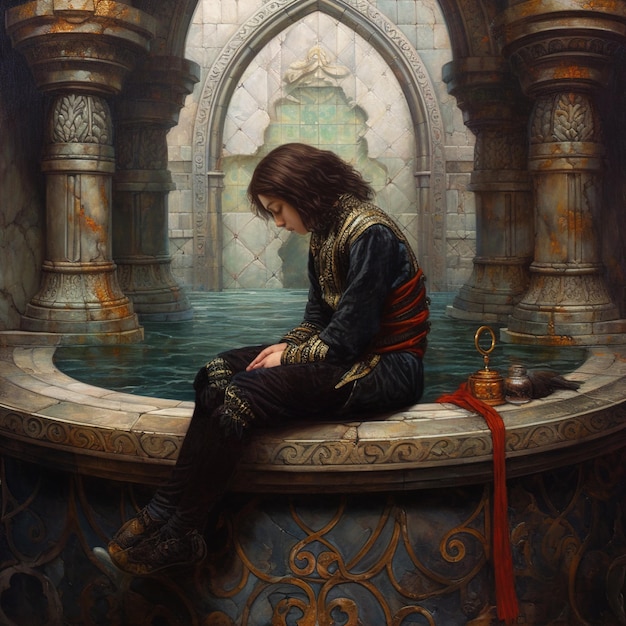 A painting of a boy sitting in a fountain with a red ribbon on his neck