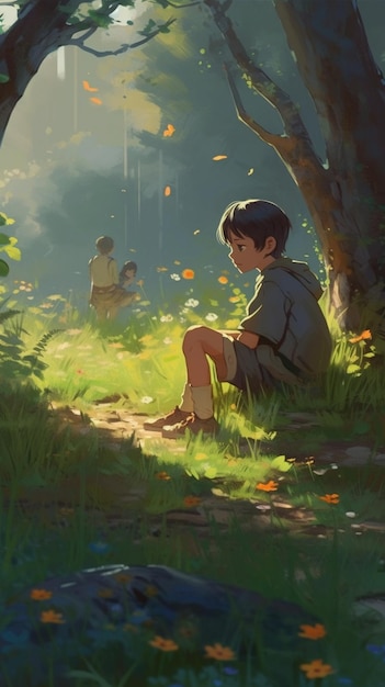 A painting of a boy sitting in the grass with the words'the little prince'on the bottom.