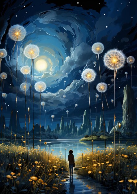 Painting of a boy standing in a field of dandelions at night generative ai