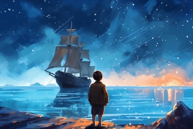 painting of a boy standing on a rock looking at a ship