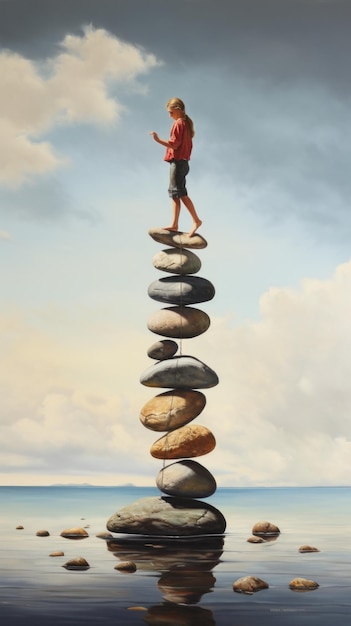 Photo a painting of a boy standing on a stack of rocks