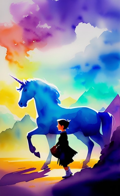 A painting of a boy and a unicorn