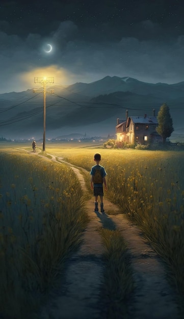 Painting of a boy walking down path with full moon in the background generative ai