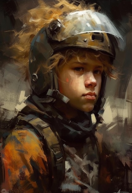 A painting of a boy wearing a helmet.