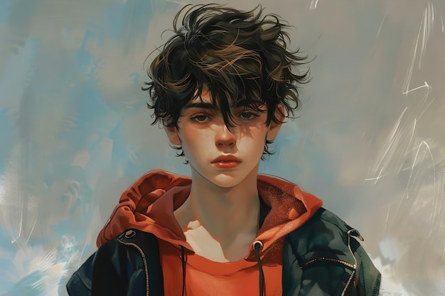a painting of a boy with a red jacket that says  hes a boy