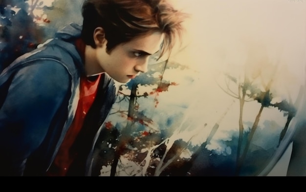 Photo painting of a boy with a red shirt and blue jacket generative ai