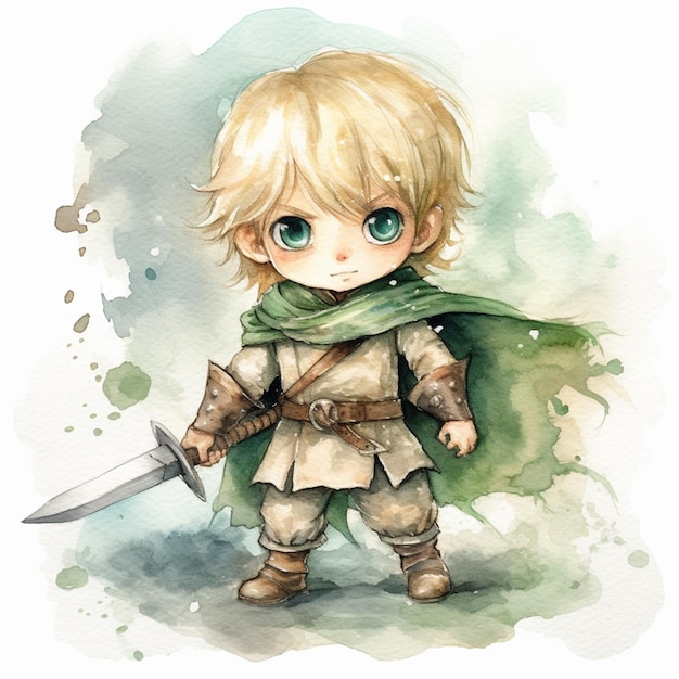 a painting of a boy with a sword and a green cape generative ai