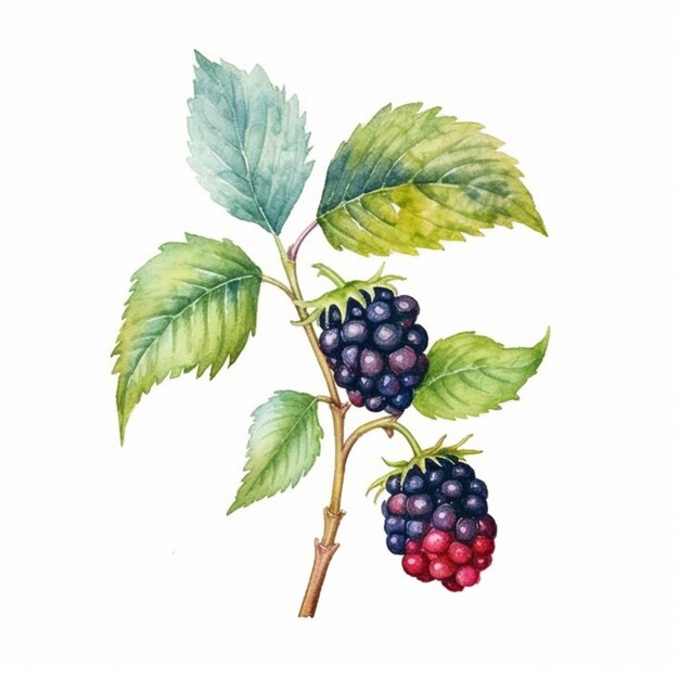 Photo a painting of a branch of a blackberry with leaves and berries generative ai