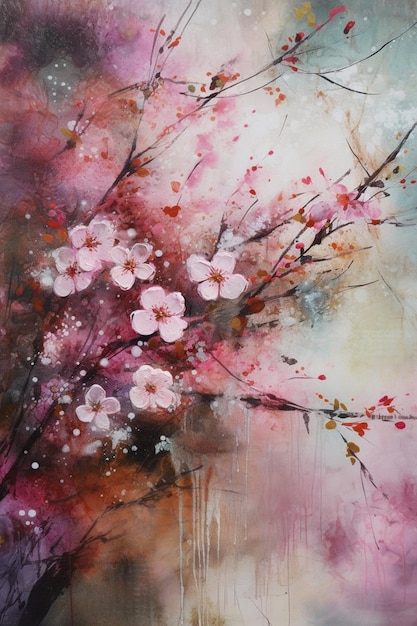 A painting of a branch of cherry blossoms