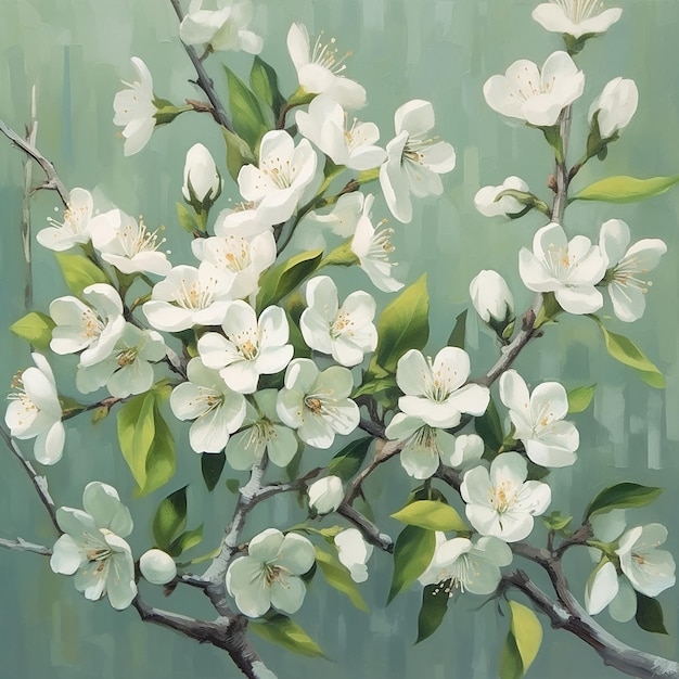 A painting of a branch of a flowering apple tree.