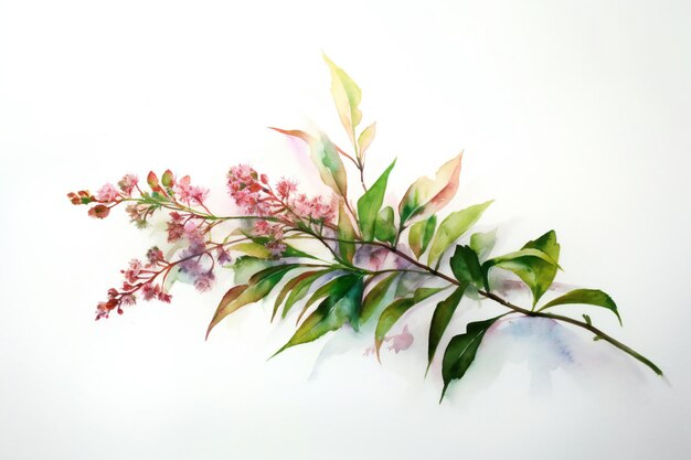 A painting of a branch of flowers with green leaves.