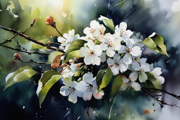 A painting of a branch of flowers with the word " spring " on the bottom.